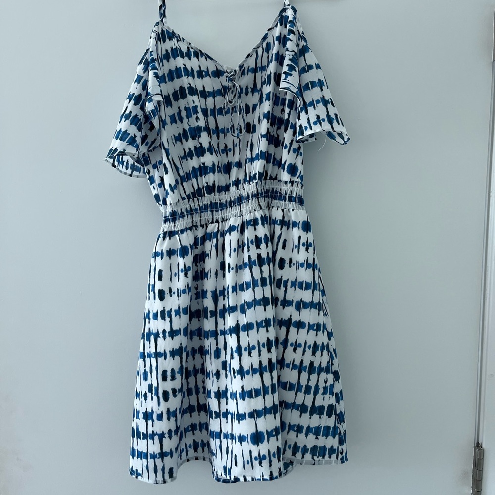 Jack by BB Dakota Off the Shoulder sundress, blue and white print S